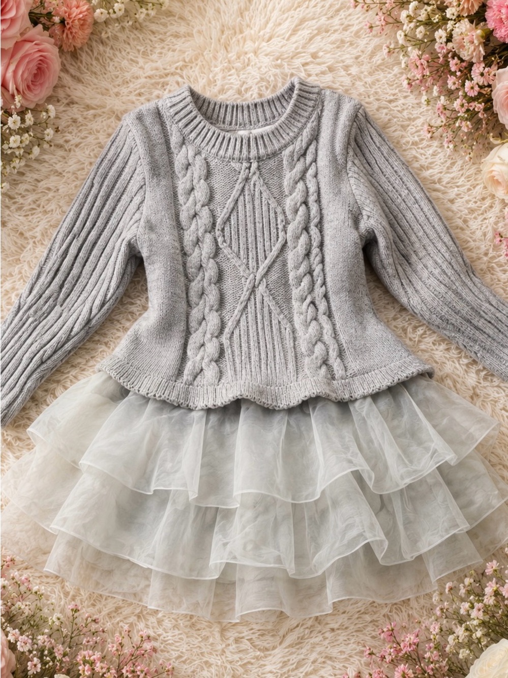 Girls' Gray Cable-Knit Sweater Dress with Tulle Hem